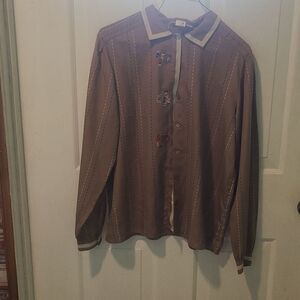 Ladies Serge Nancel Paris Blouse Tan With Stripe And Floral Design